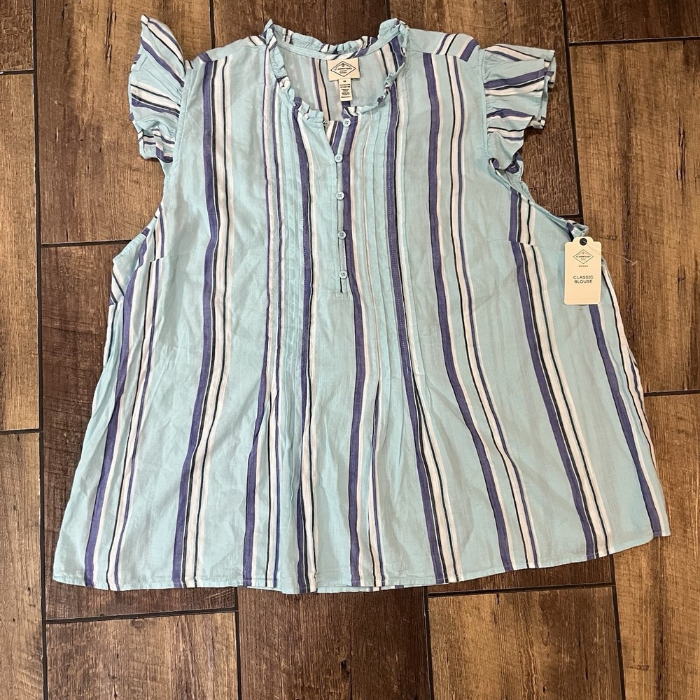 St John's Bay Blouse Women's 1X Blue Aqua Strip Striped Short Sleeve Boho